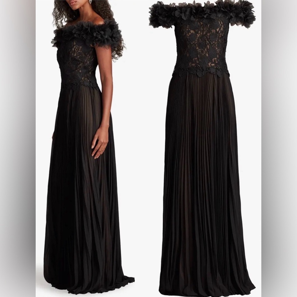 NEW Tadashi Shoji Margaux Black Off-Shoulder Floral Ruffle Trim pleated Gown 10 - Picture 2 of 8